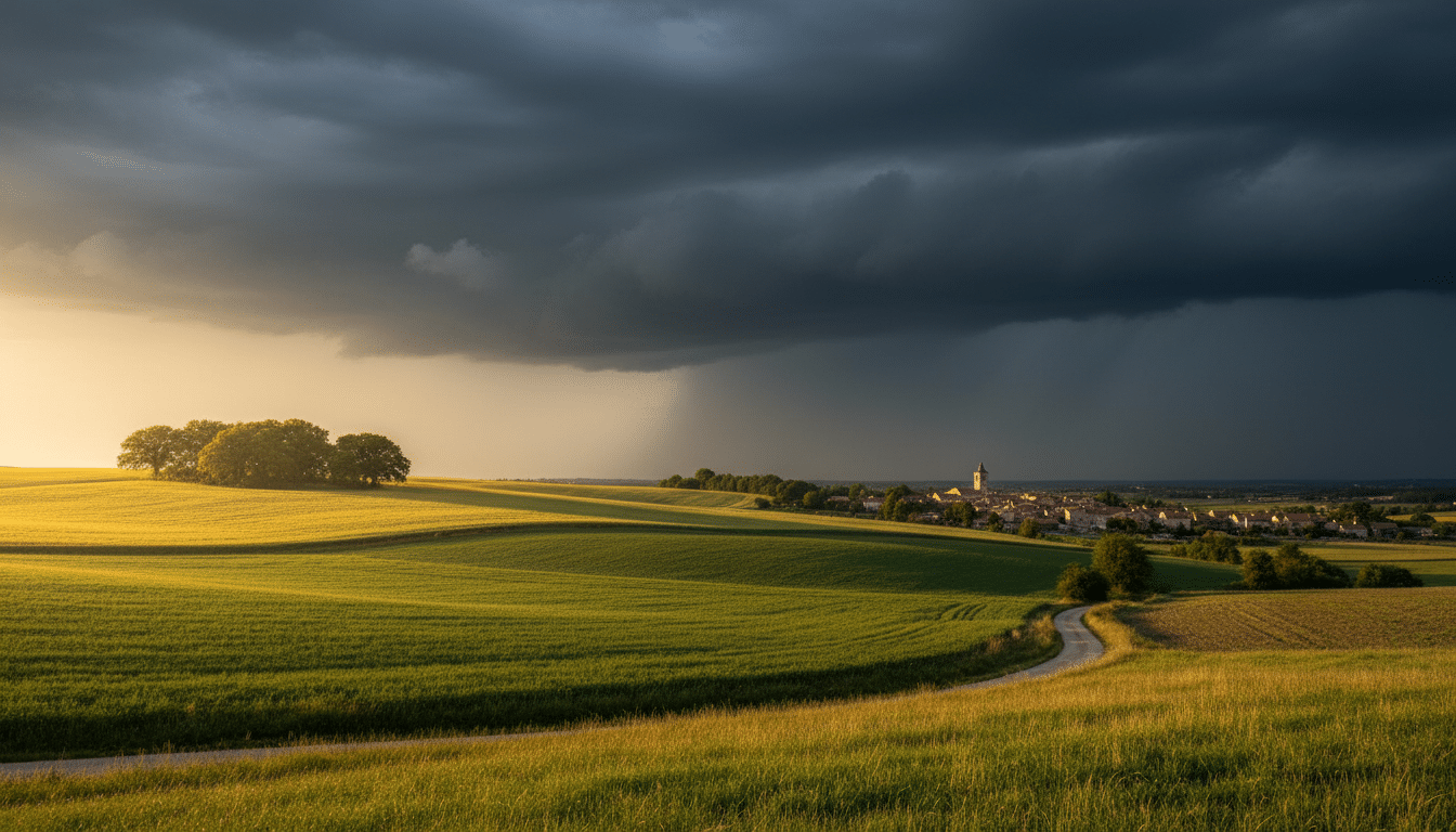 Perturbation pluvieuse arrivant sur la campagne française ensoleillée