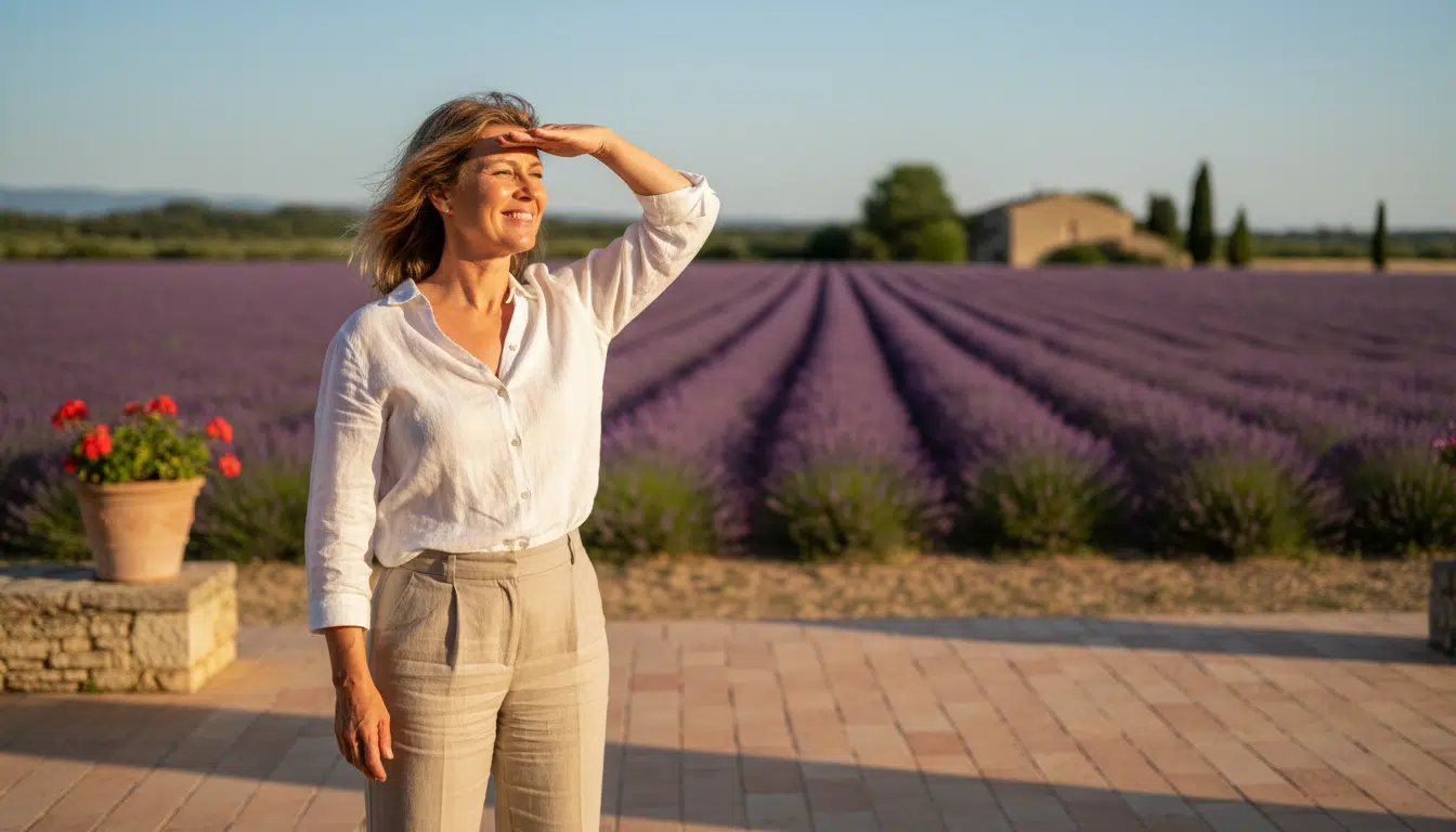 Femme sur une terrasse ensoleillée dans le sud de la France en mai