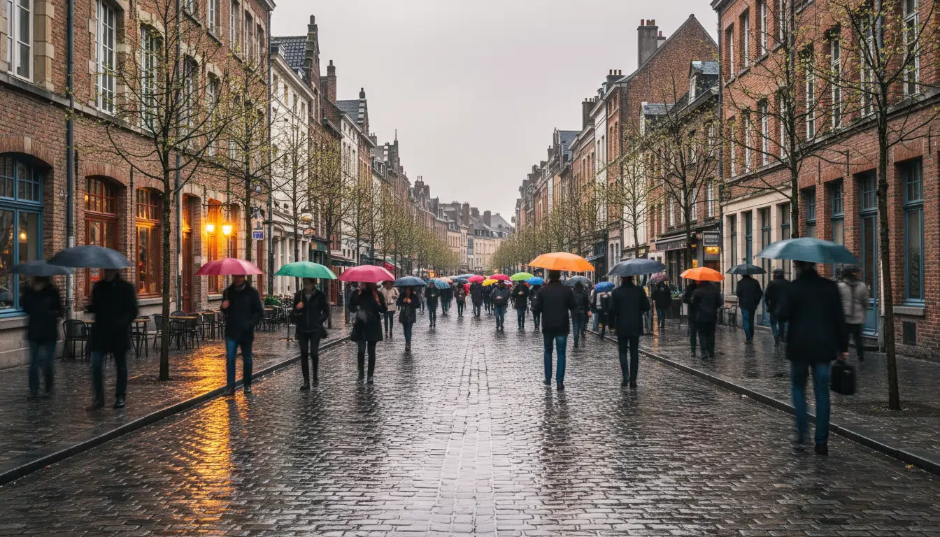 Rue pluvieuse dans une ville du nord de la France au printemps