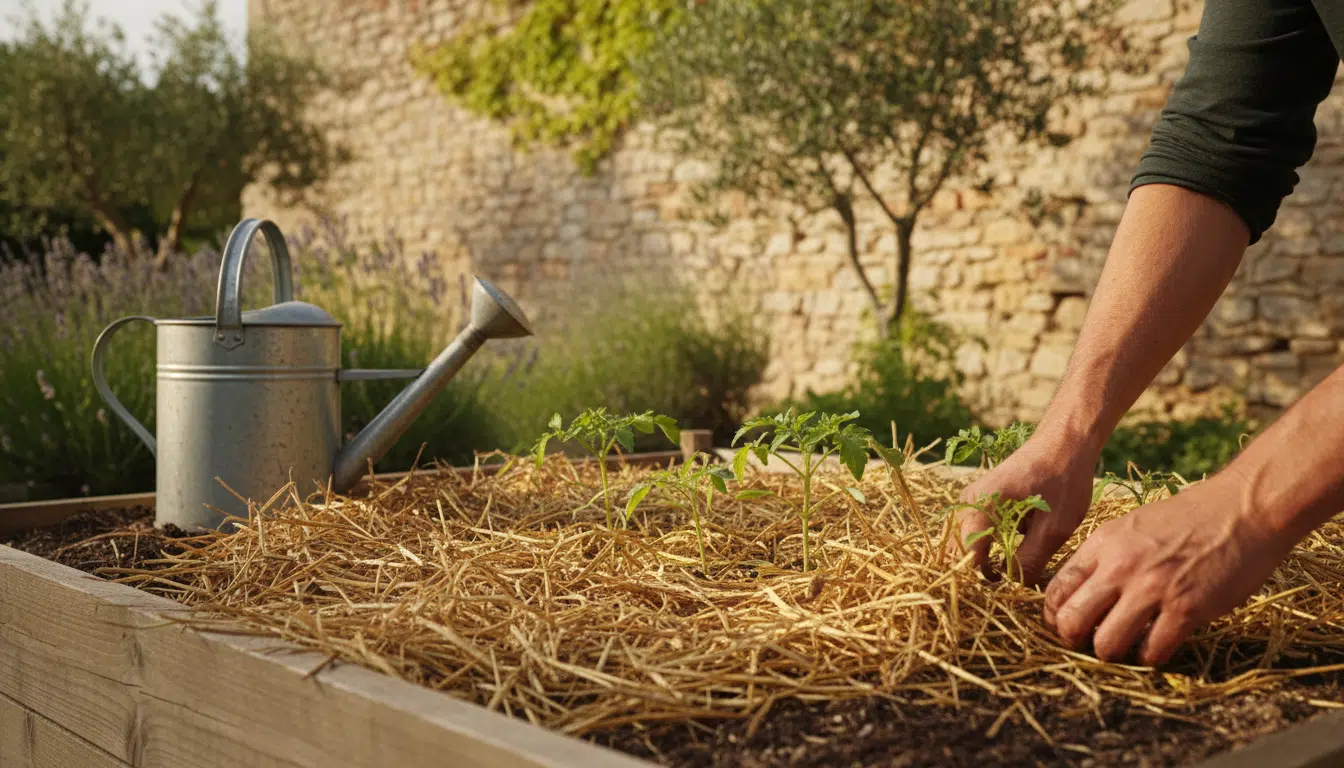 Jardinier paillant ses plants de tomates dans un jardin du sud