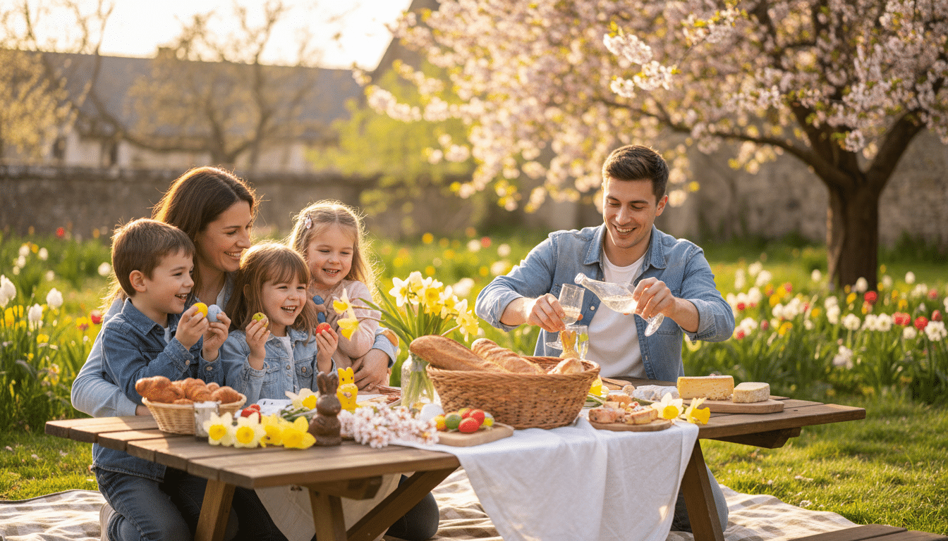 Famille en pique-nique pascal ensoleillé dans un jardin fleuri