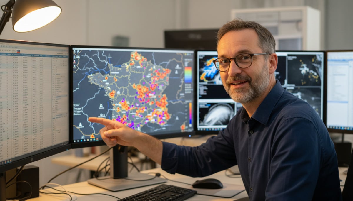 Météorologue analysant une carte des impacts de foudre en France