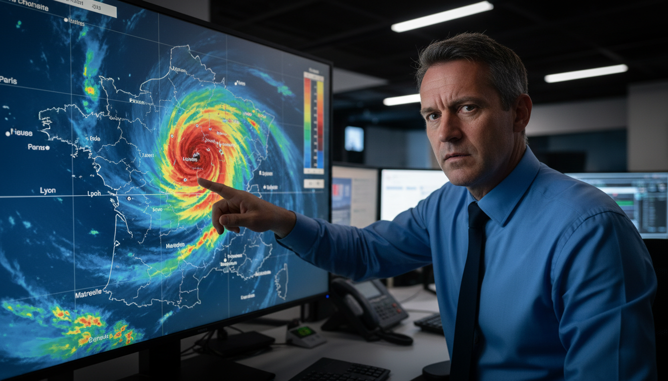 Météorologue devant un radar montrant des orages sur la France