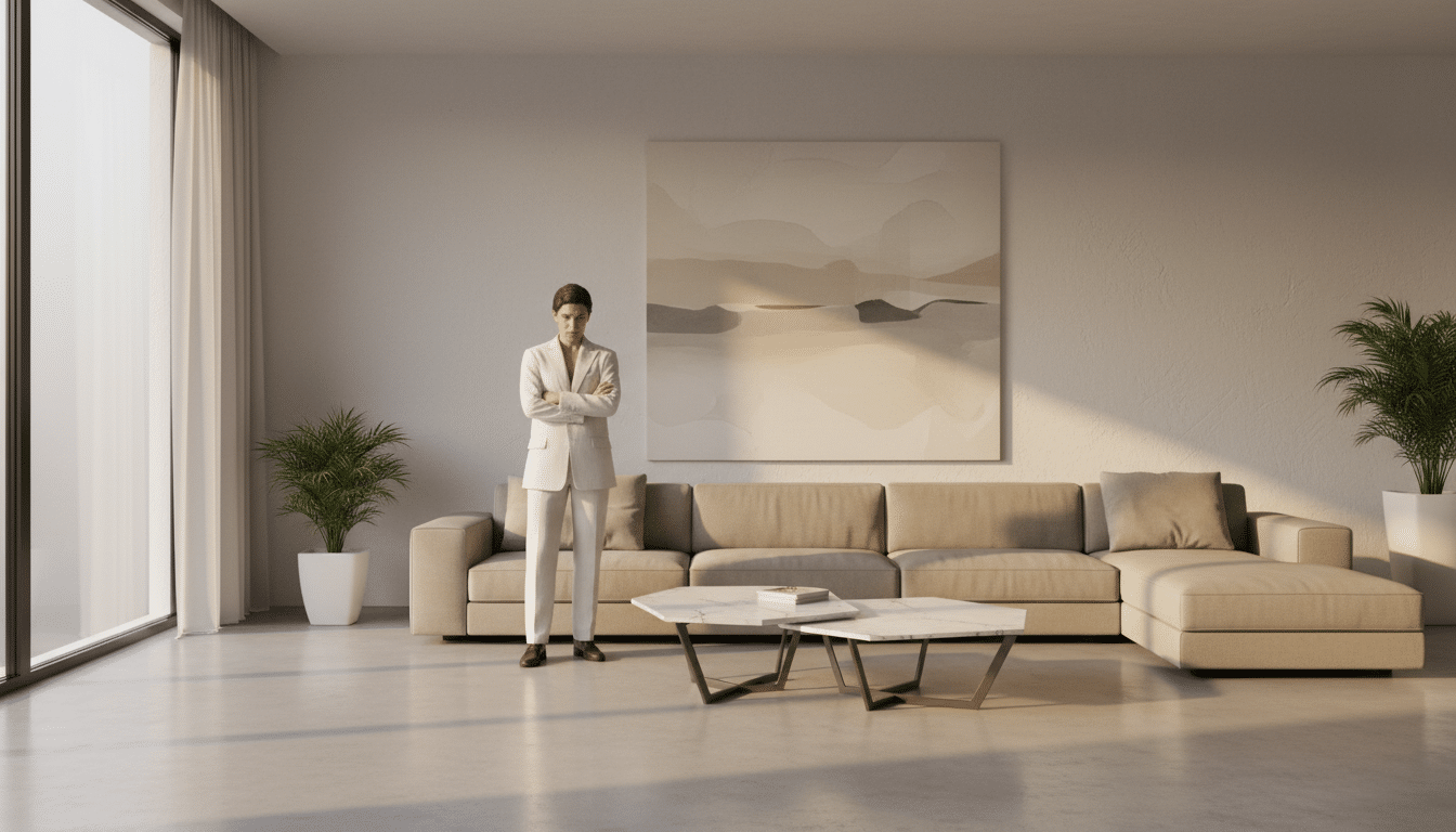 Salon moderne avec meubles aux lignes droites et angles marqués