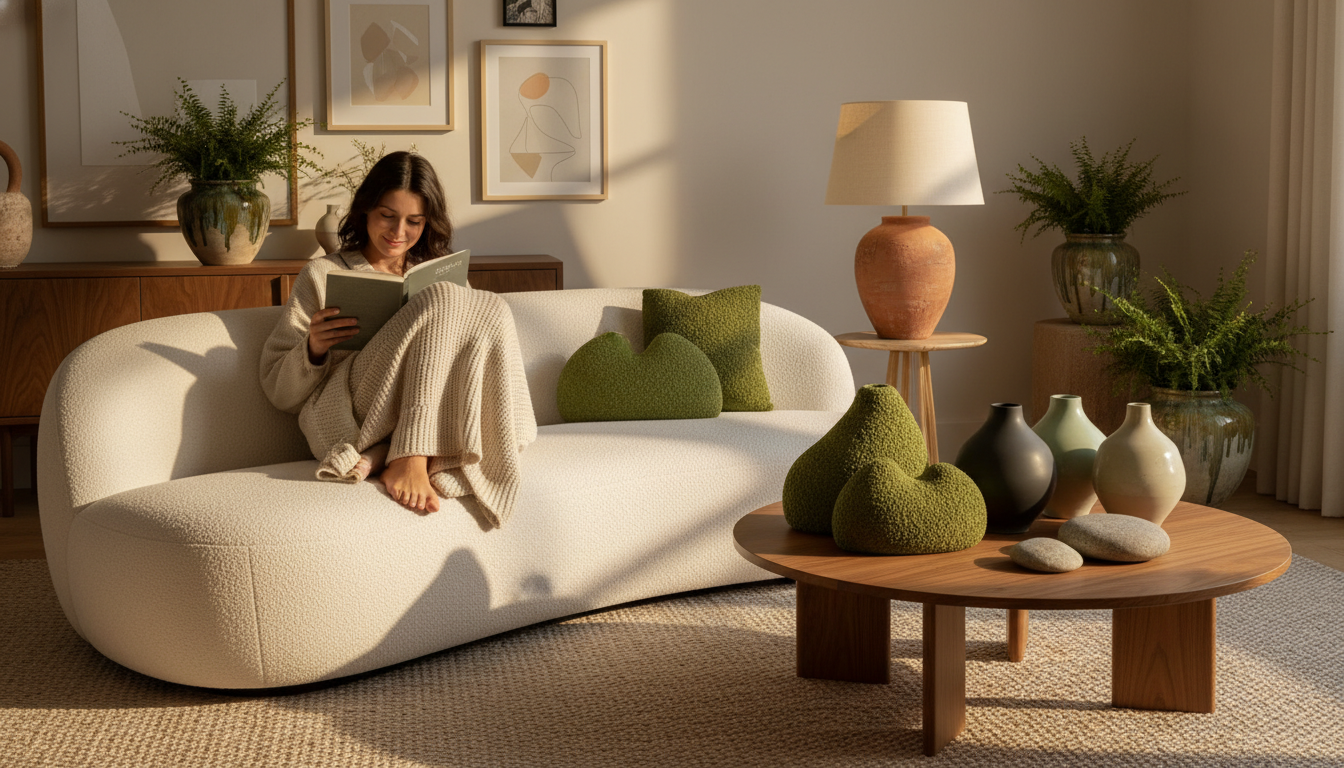 Canapé arrondi en bouclette avec table basse ronde en noyer