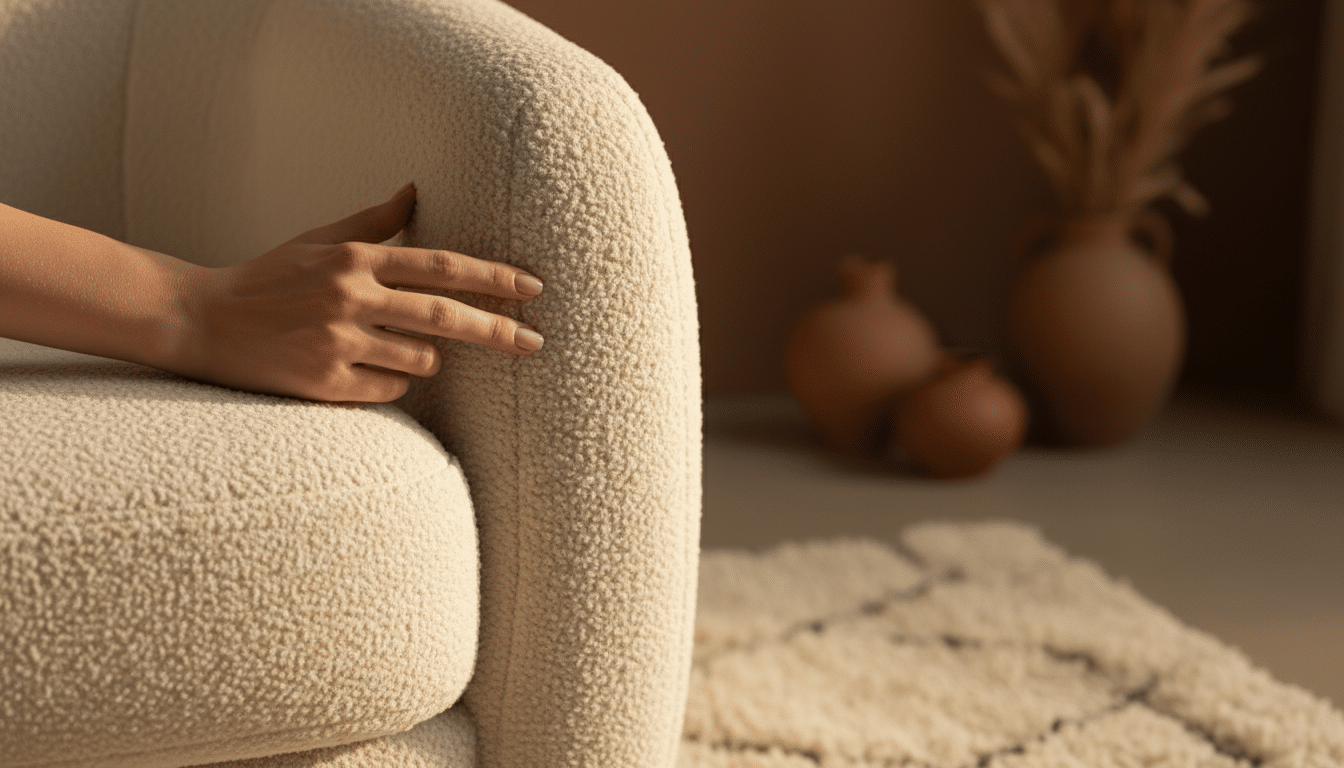 Main touchant le tissu bouclé d'un fauteuil aux formes courbes