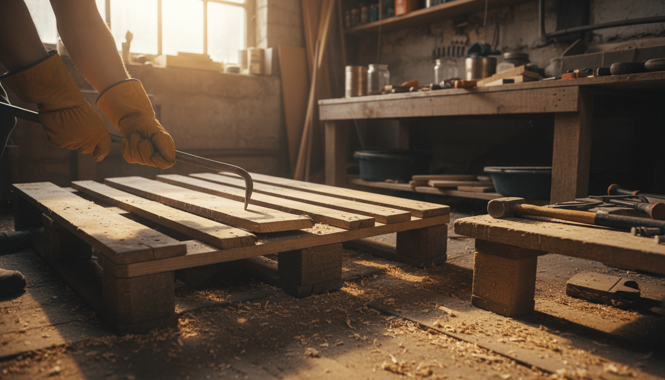 Démontage d'une palette avec un pied-de-biche en atelier