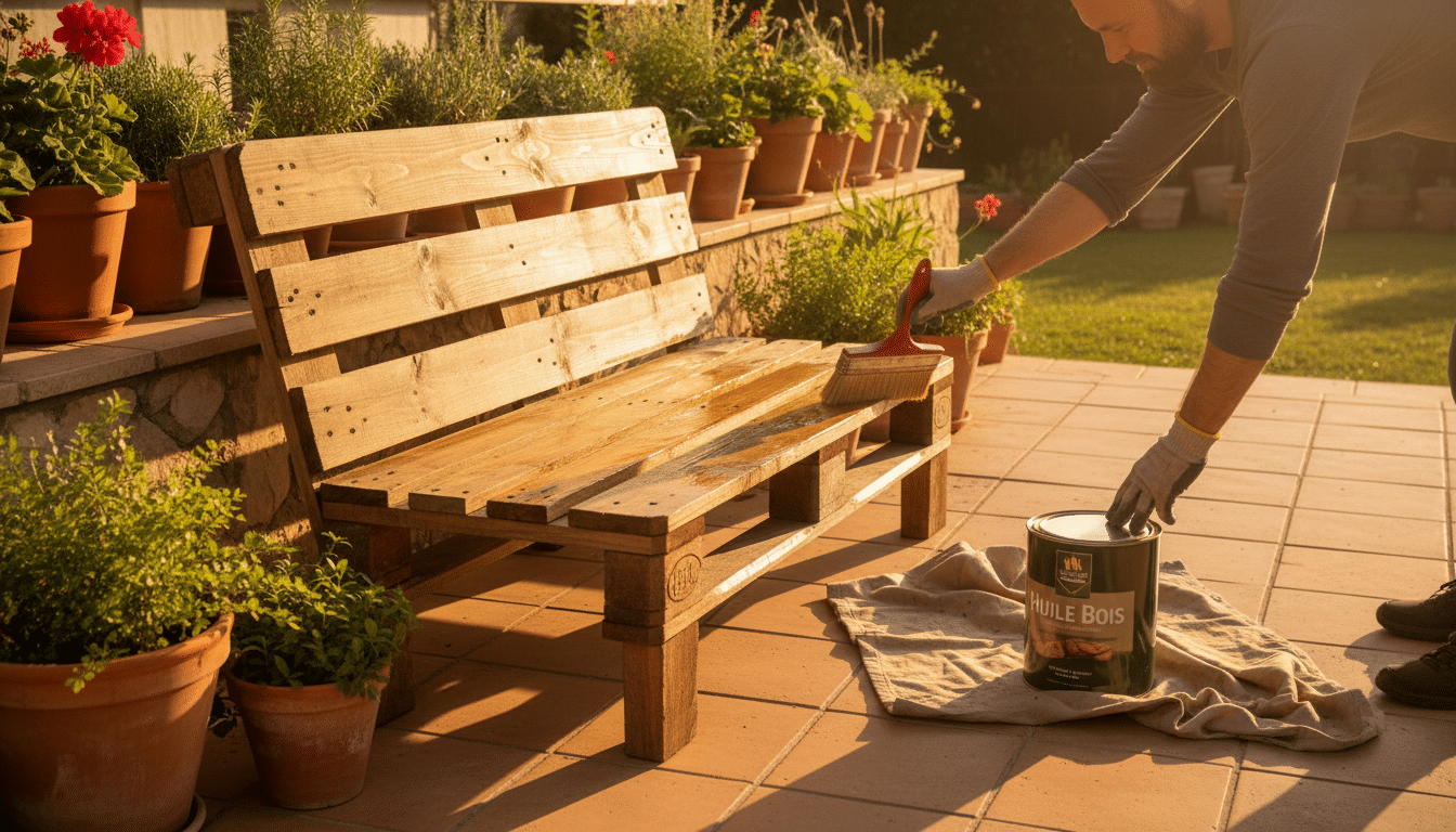 Application d'huile protectrice sur un meuble en palette
