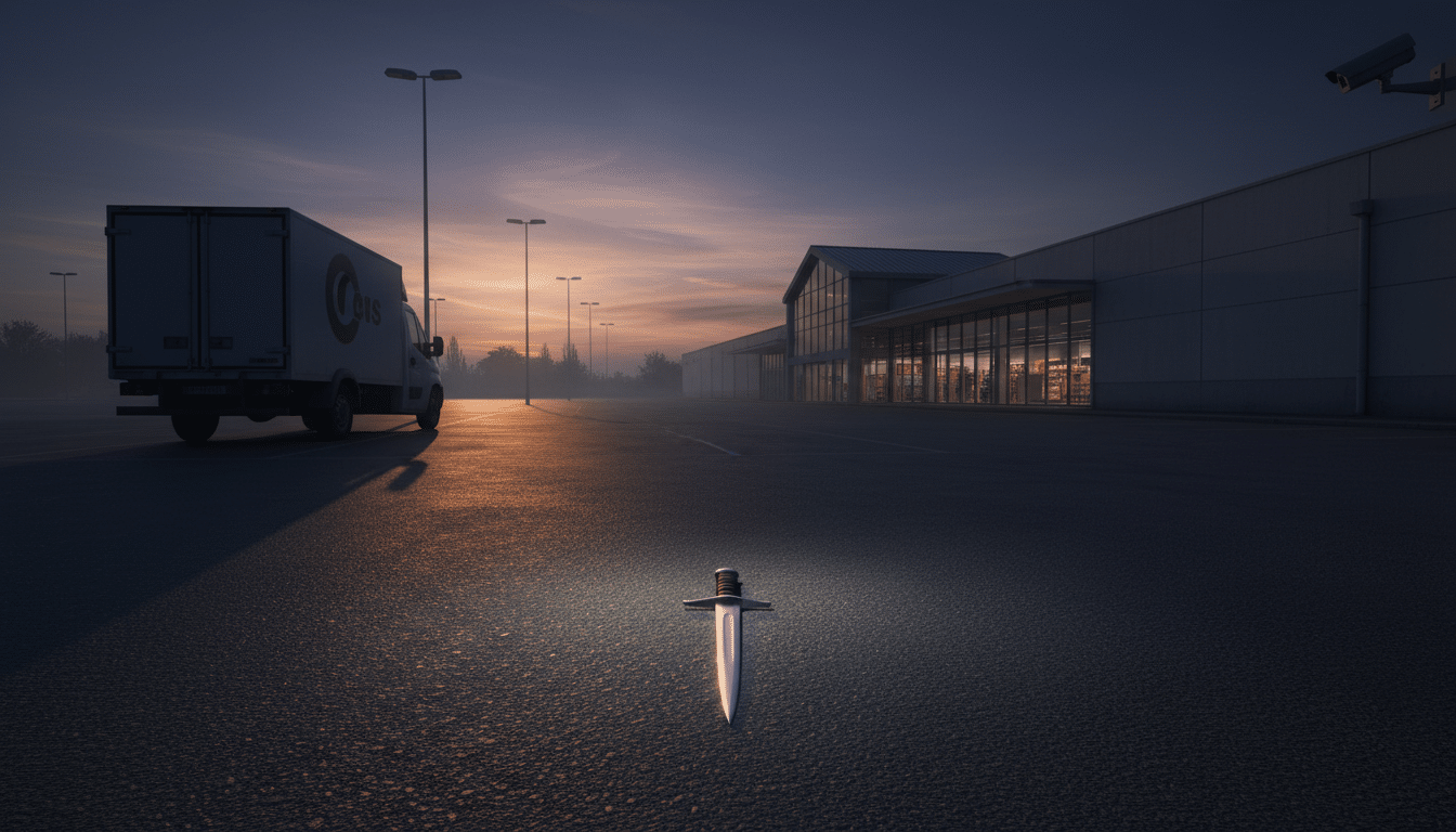 Parking de supermarché en Aveyron avec une camionnette