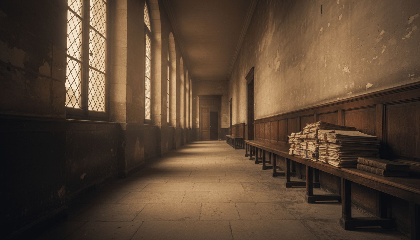 Couloir d'un palais de justice français pendant un procès