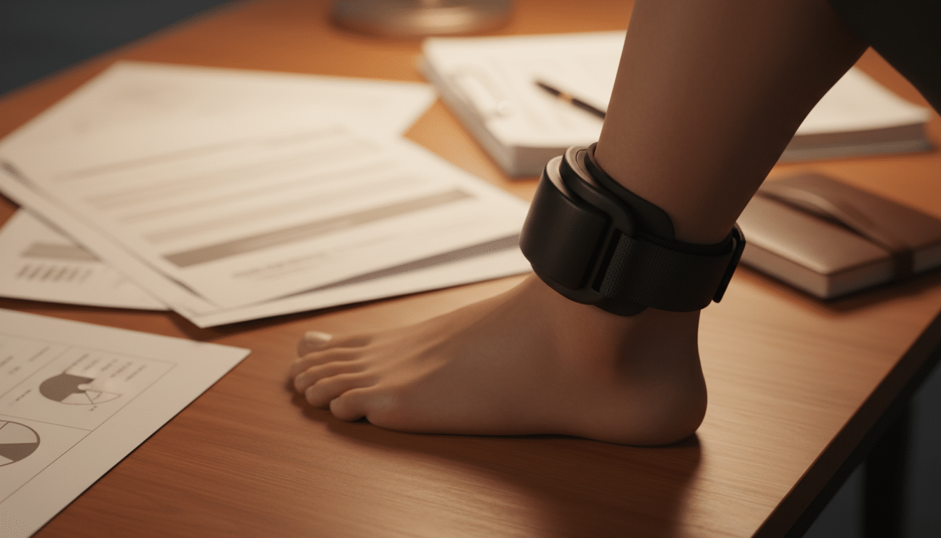 Bracelet électronique à la cheville avec documents judiciaires en arrière-plan