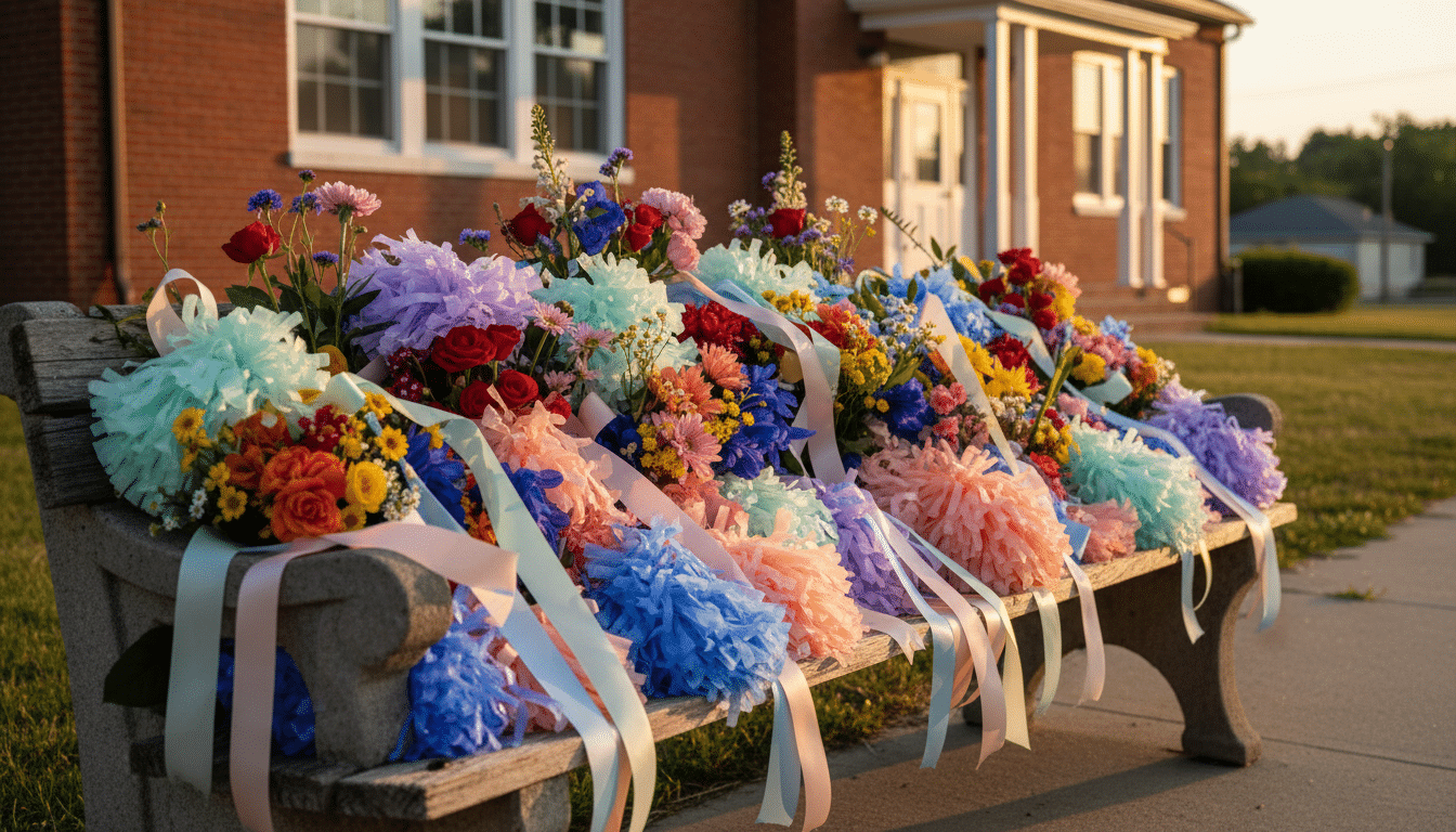 Mémorial coloré devant un lycée américain avec pompons de cheerleading