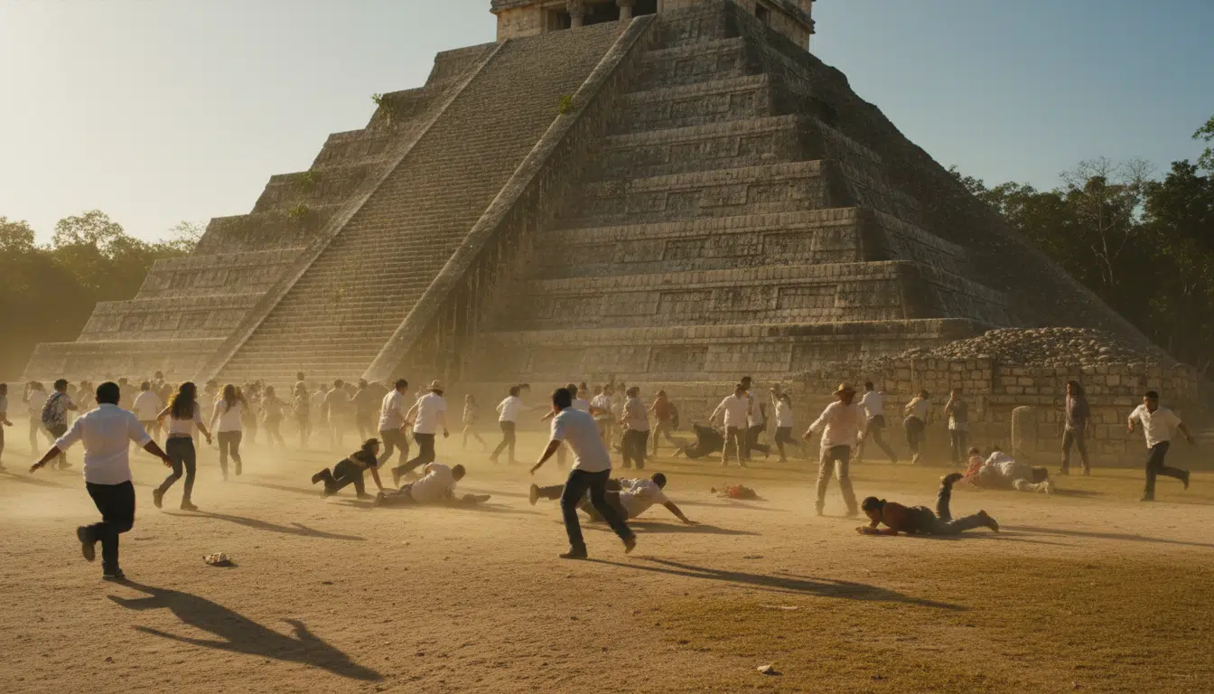 Scène de panique au pied d'une pyramide précolombienne