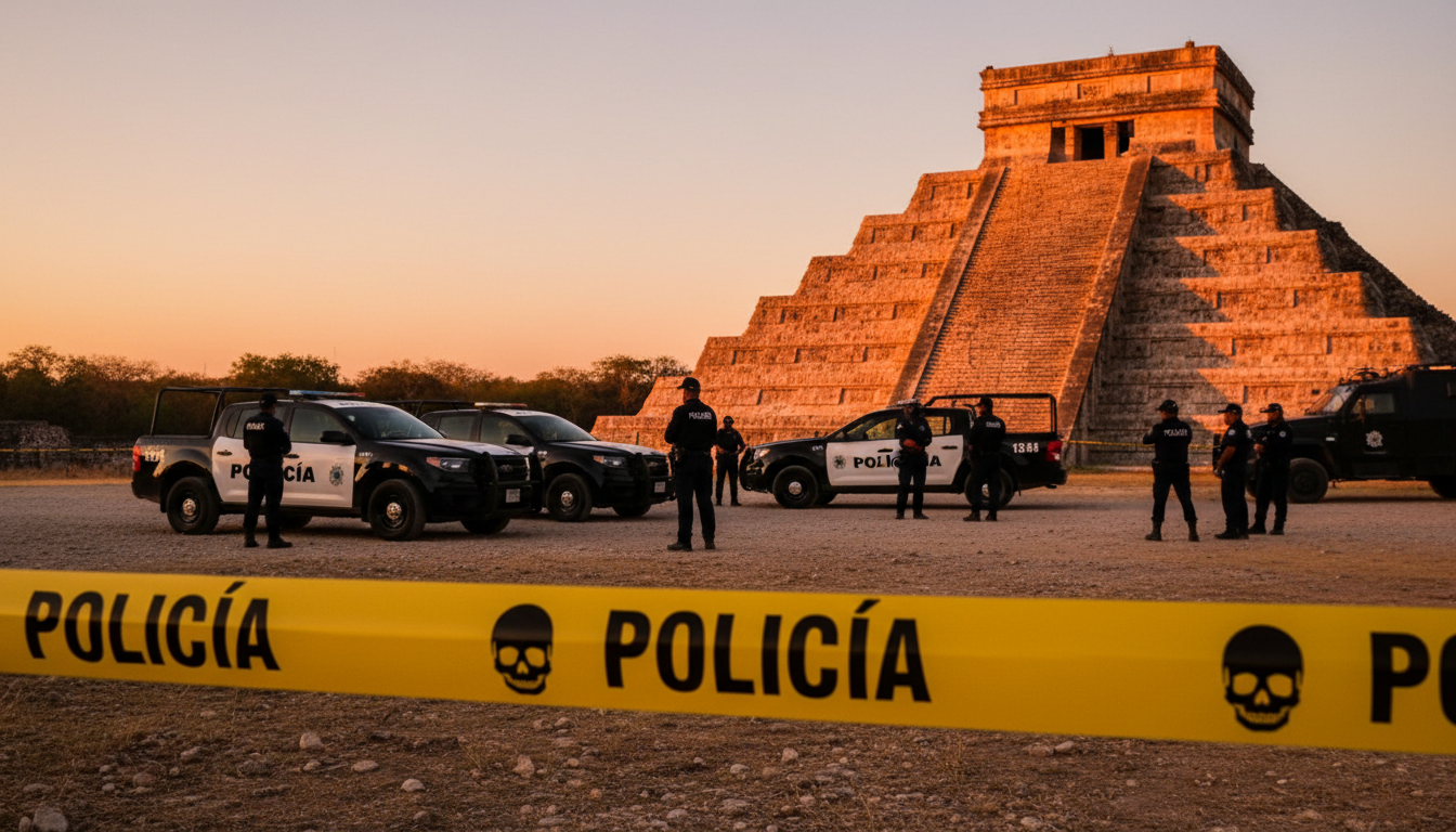 Police mexicaine devant le site archéologique de Teotihuacan