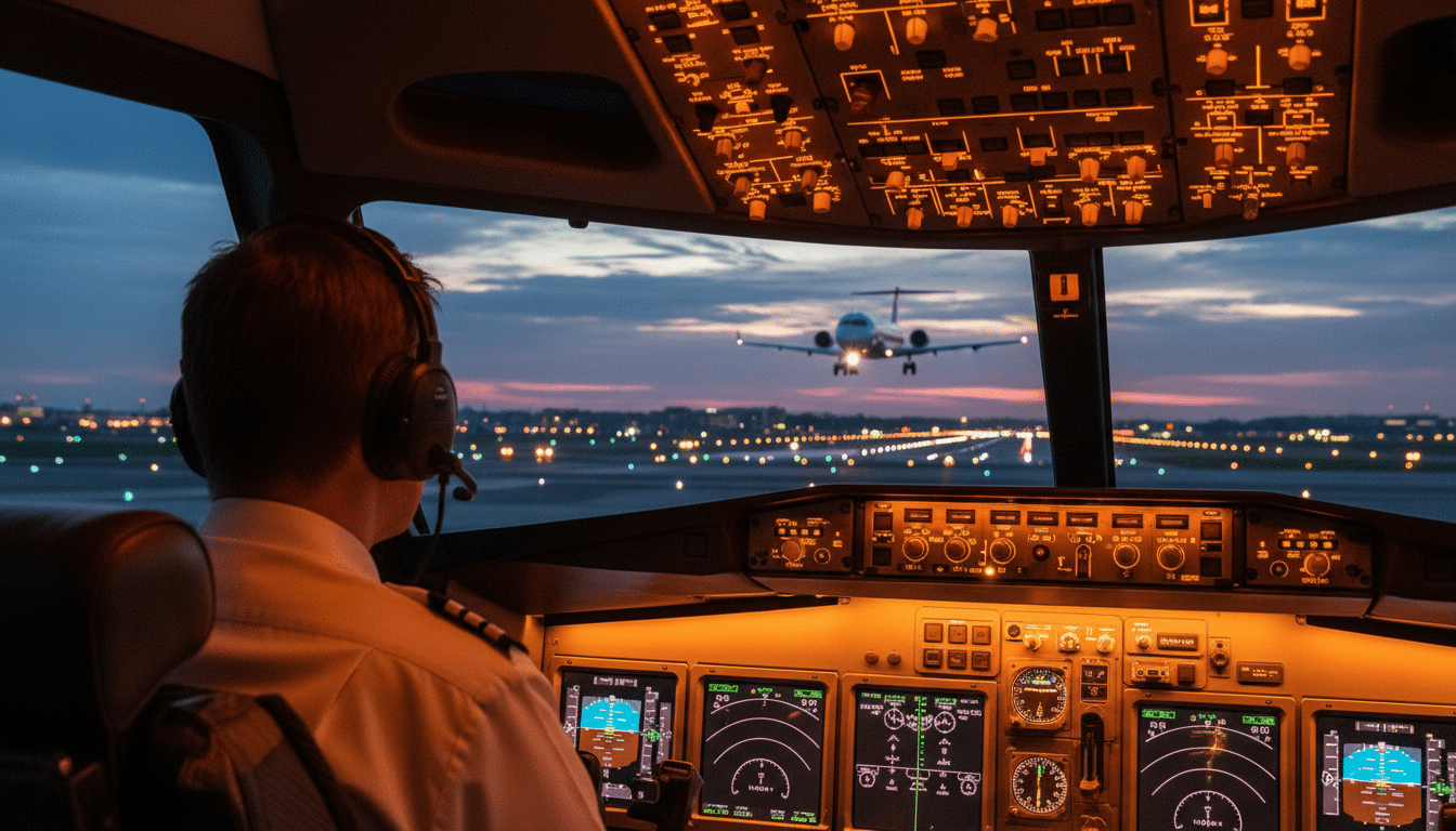 Pilote dans un cockpit avec casque radio en approche