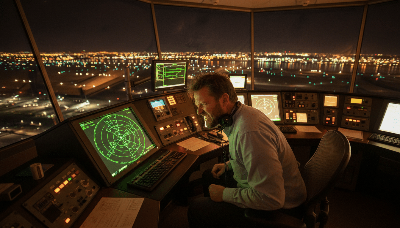Contrôleur aérien devant un écran radar dans une tour de contrôle