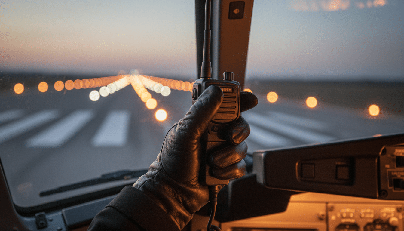 Main de pilote tenant un micro radio dans un cockpit