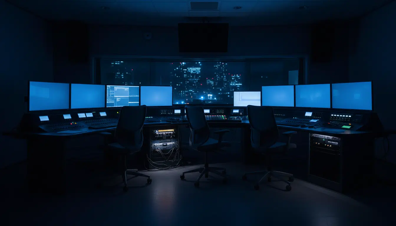 Régie d'une grande chaîne de télévision américaine, écrans allumés dans la pénombre, symbolisant l'erreur de diffusion de CNN