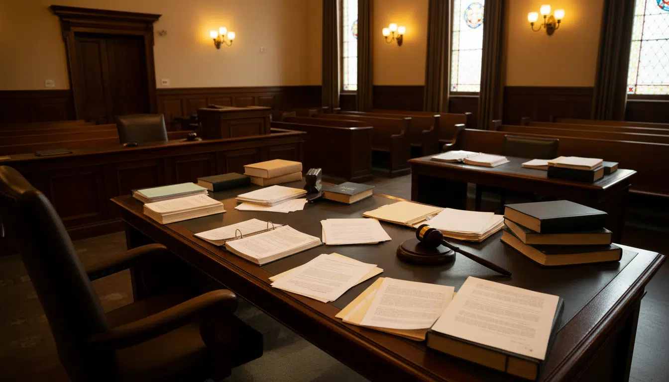 Documents judiciaires posés sur une table de tribunal américain