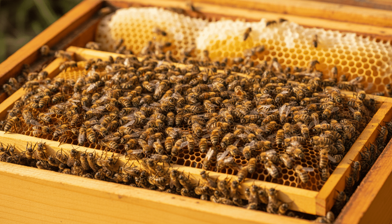 Milliers d'abeilles sur un cadre de ruche en bois