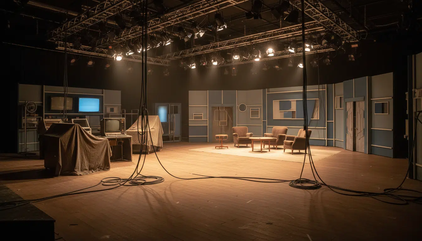 Plateau de tournage télévisé vide avec éclairages dorés et câbles au sol, ambiance coulisses du PAF des années 90