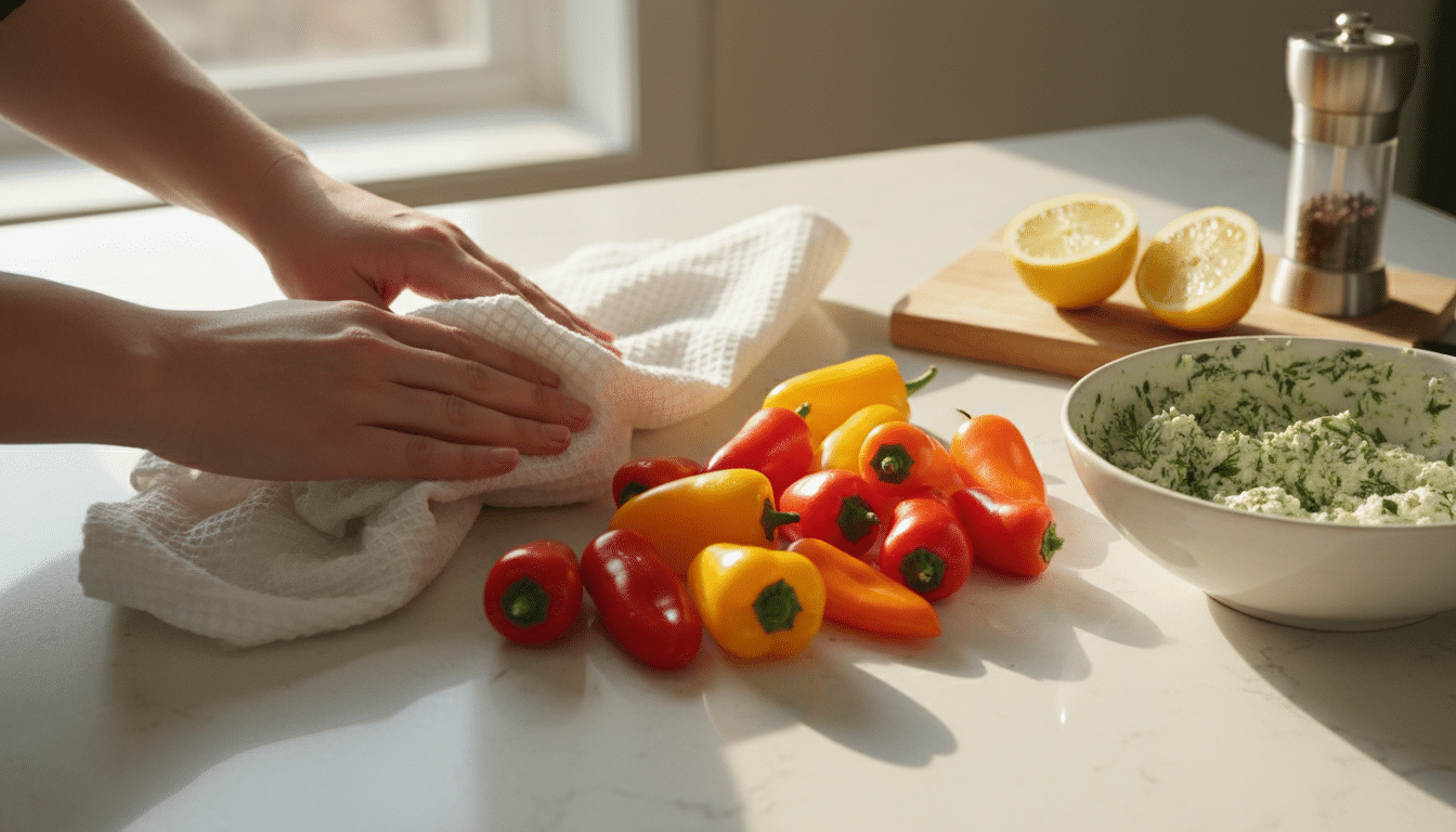 Séchage des mini poivrons avant le farcissage