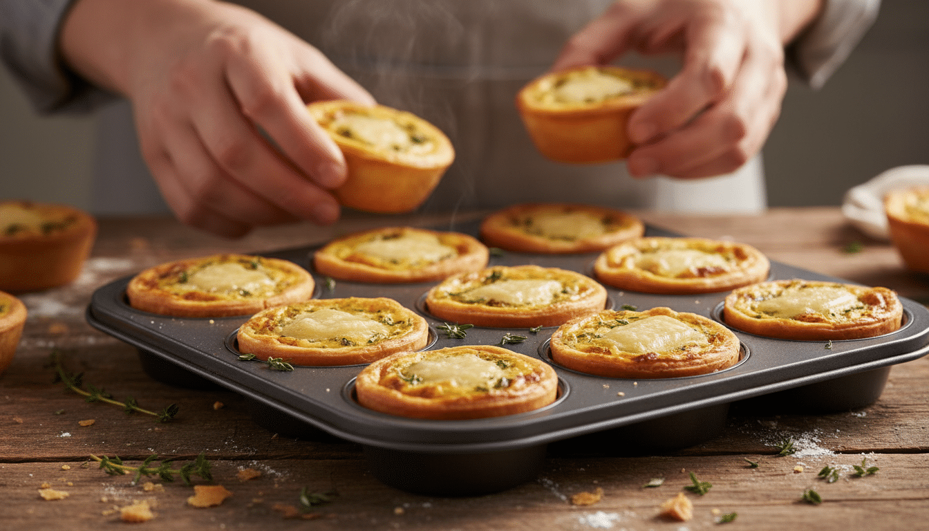 Mini quiches poireau-comté dorées dans un moule à muffins