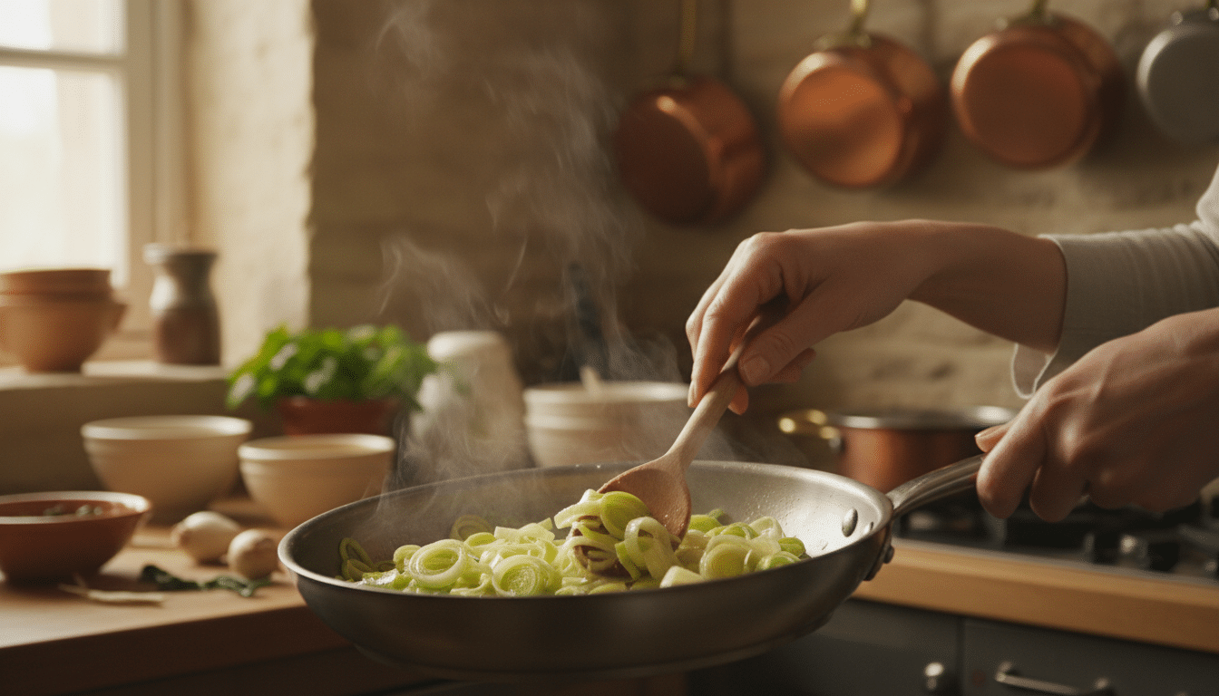 Poireaux émincés fondants en train de cuire dans une poêle