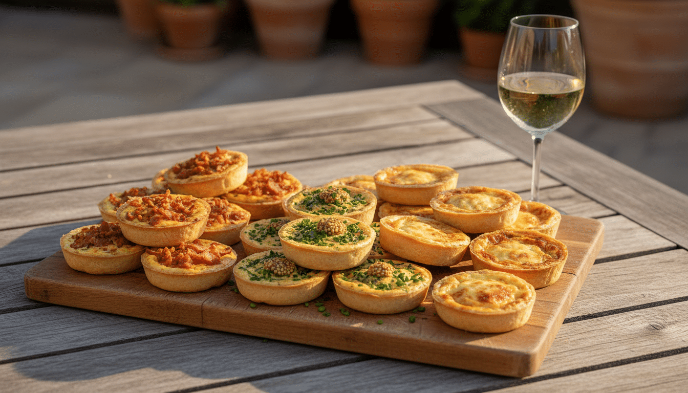 Trois variantes de mini quiches sur une planche apéro