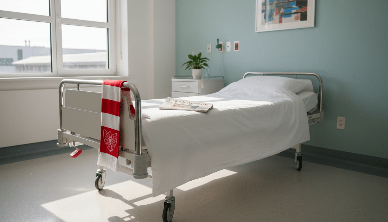 Chambre d'hôpital vide avec un lit clinique blanc, un écharpe de football posée sur le garde-corps et un journal plié sur le matelas