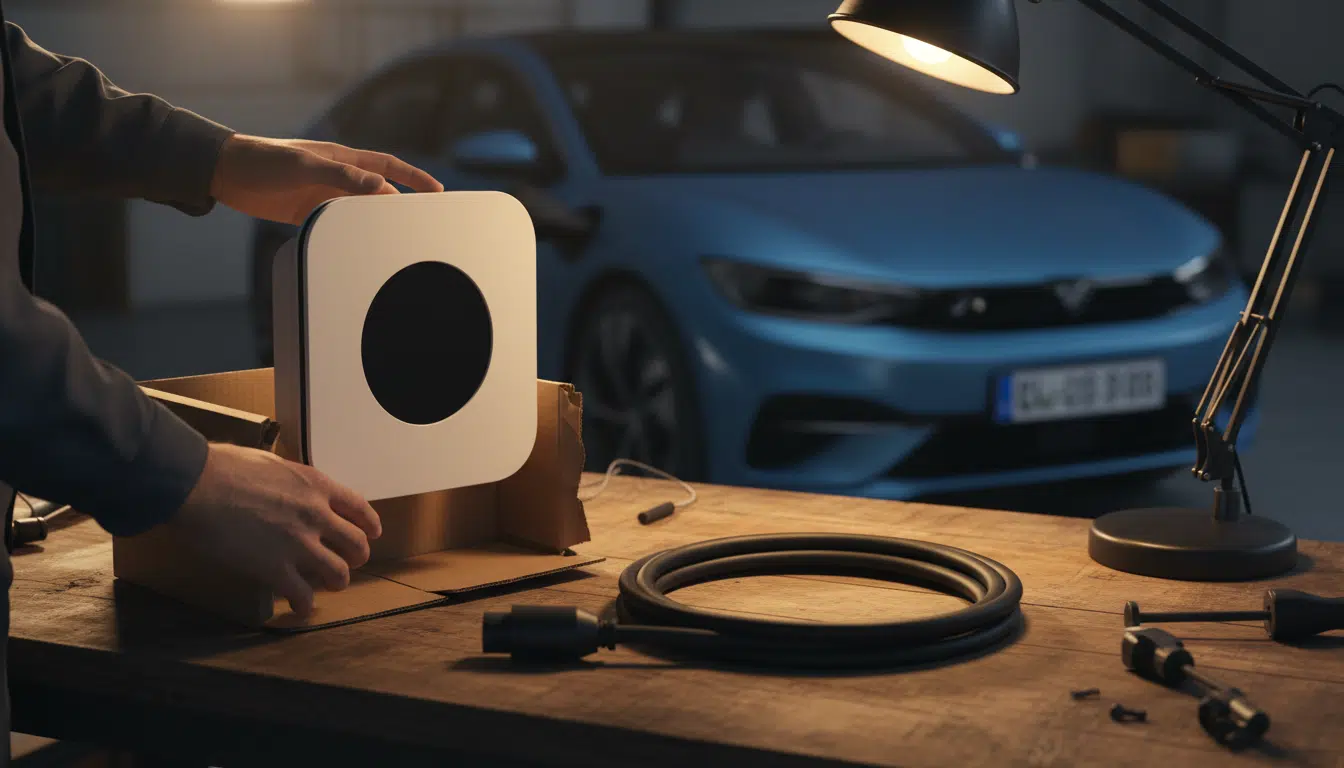 Déballage d'une borne de recharge compacte dans un garage