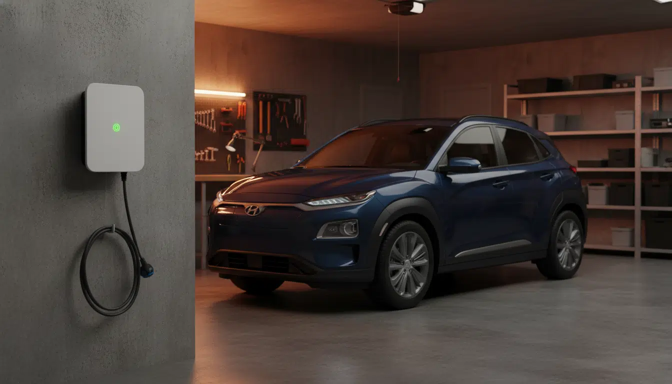 Borne murale en charge sur un Hyundai Kona de nuit