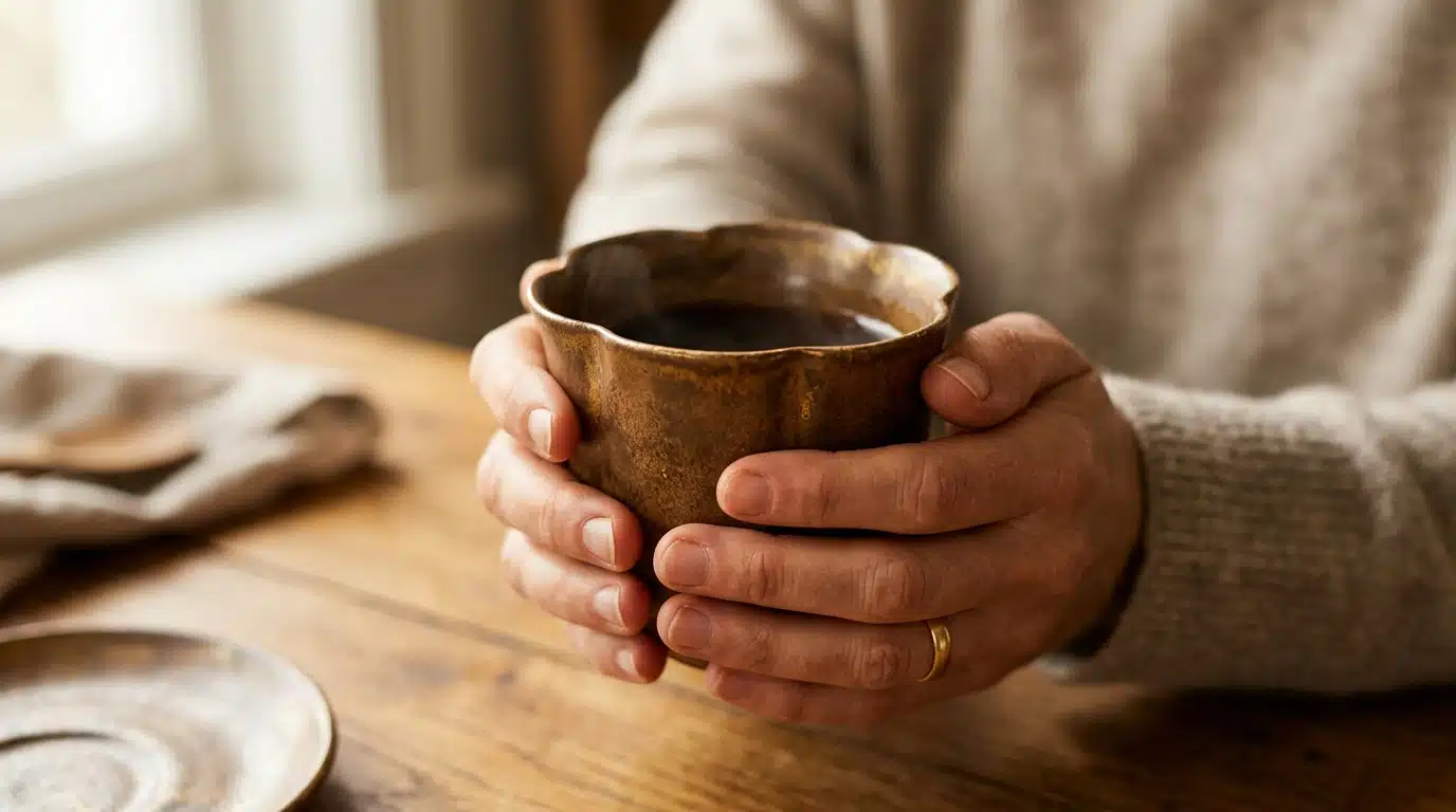 Tasse céramique corolle bronze tenue en main