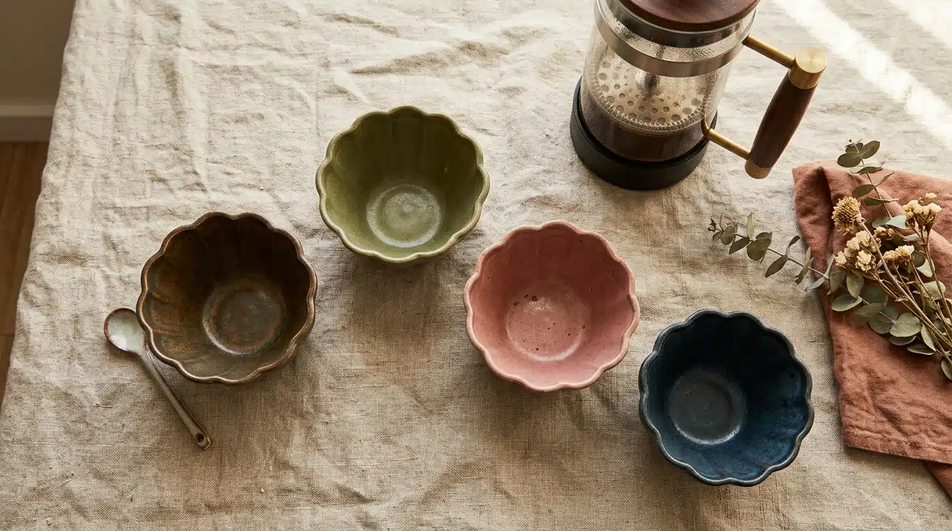 Quatre tasses Mona dépareillées sur nappe en lin