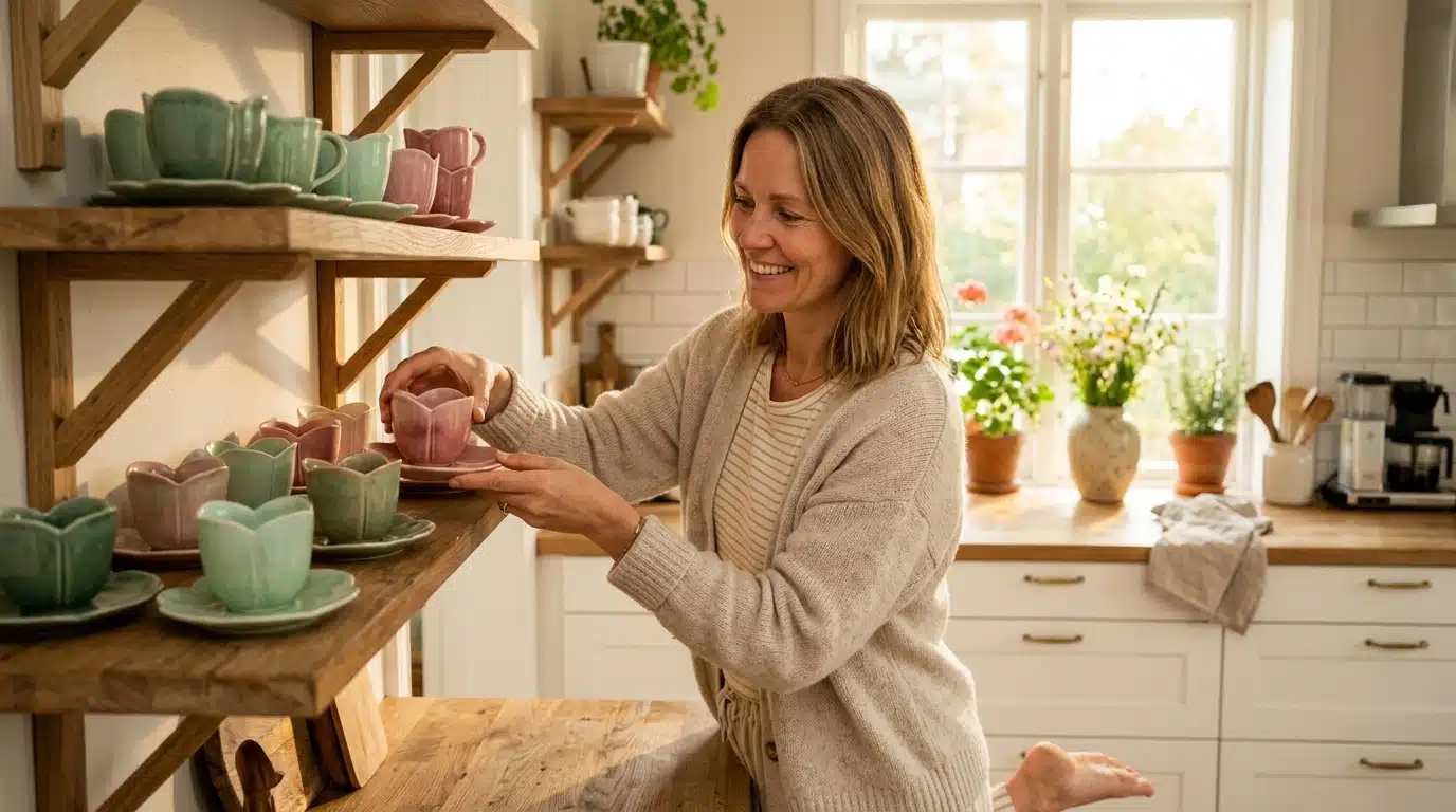 Femme disposant les tasses céramique sur étagère cuisine