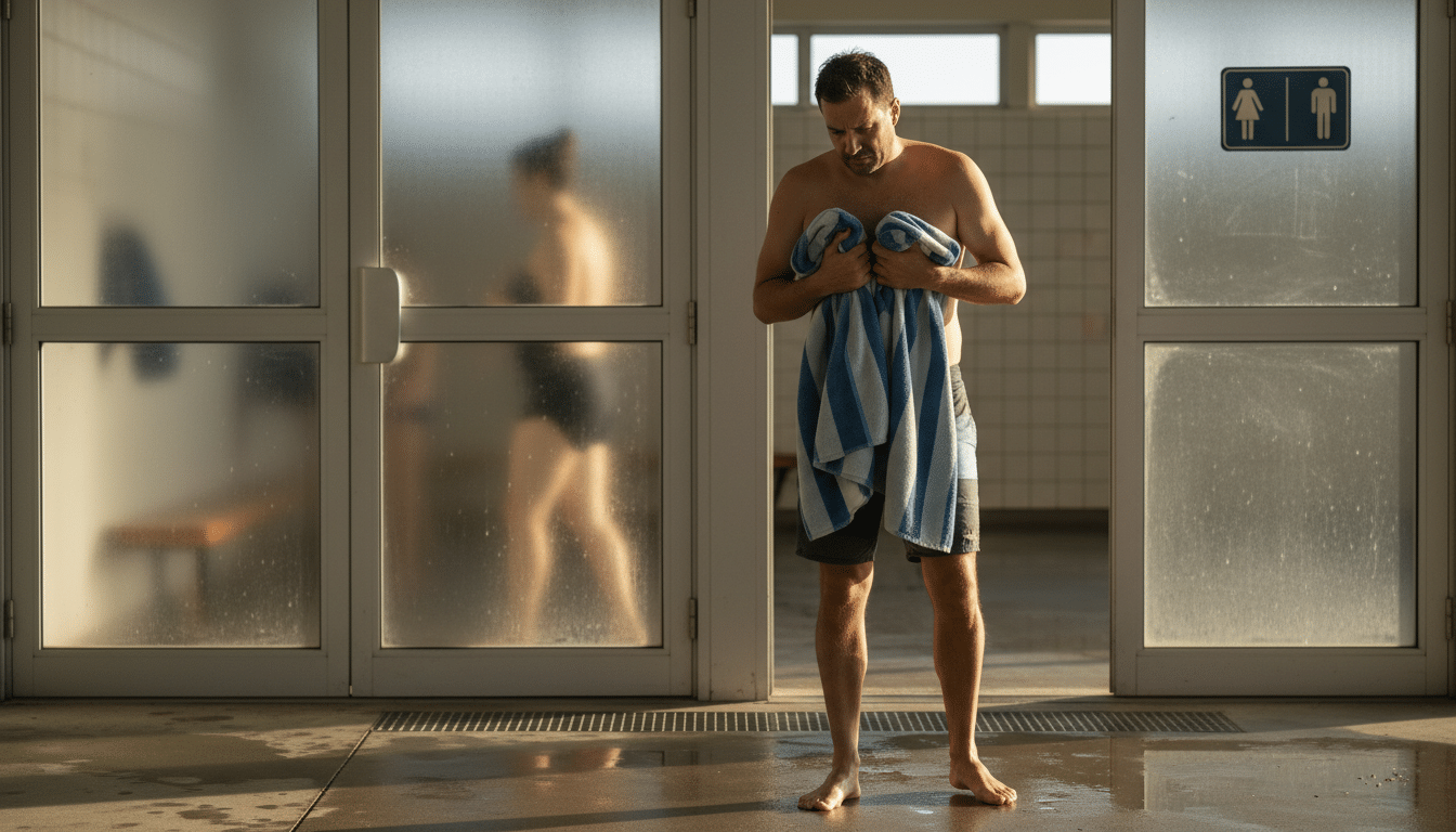 Homme hésitant devant un vestiaire de piscine publique