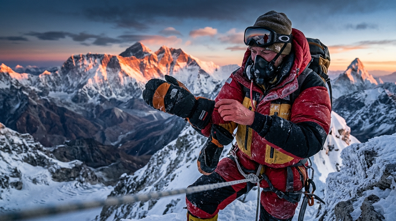 Alpiniste retirant son gant au sommet de l'Everest