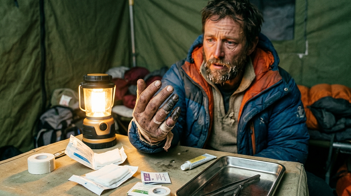 Doigt noirci par les engelures au camp de base