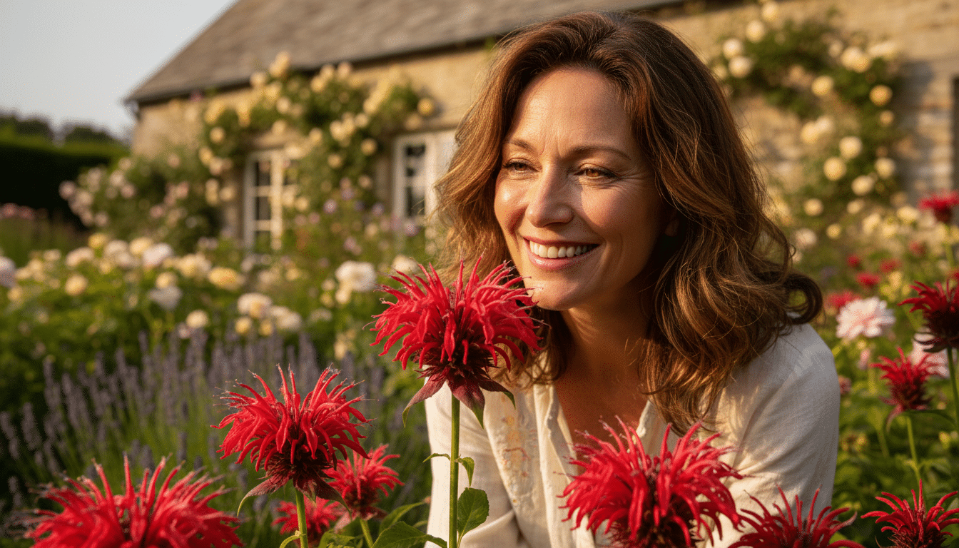 Femme admirant des fleurs de monarde rouge au jardin