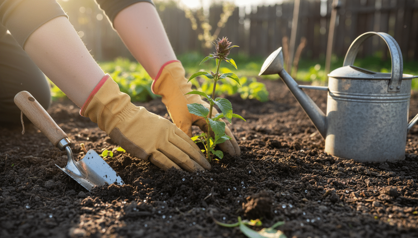Plantation d'un pied de monarde en pleine terre en avril