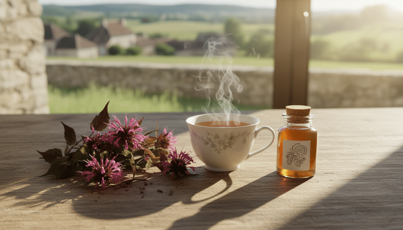 Tisane de monarde séchée et sirop maison sur une table
