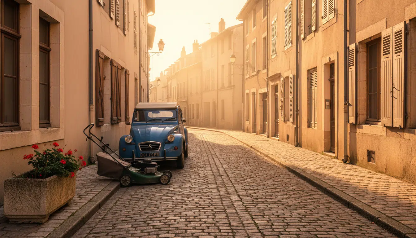 Rue étroite de Mont-de-Marsan avec une tondeuse sur le trottoir