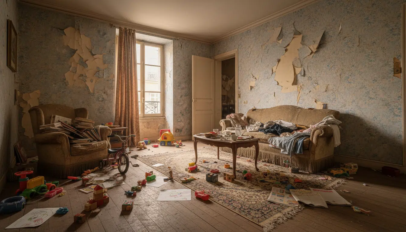 Intérieur d'un logement insalubre avec des jouets d'enfants