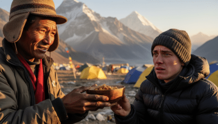 Close-up of a Sherpa guide handing a bowl of food to a tourist at a mountain base camp, the tourist looks slightly unwell and confused, natural daylight, warm golden tones, Himalayan rocky landscape in soft bokeh background, no text overlay, no English text, no visible words