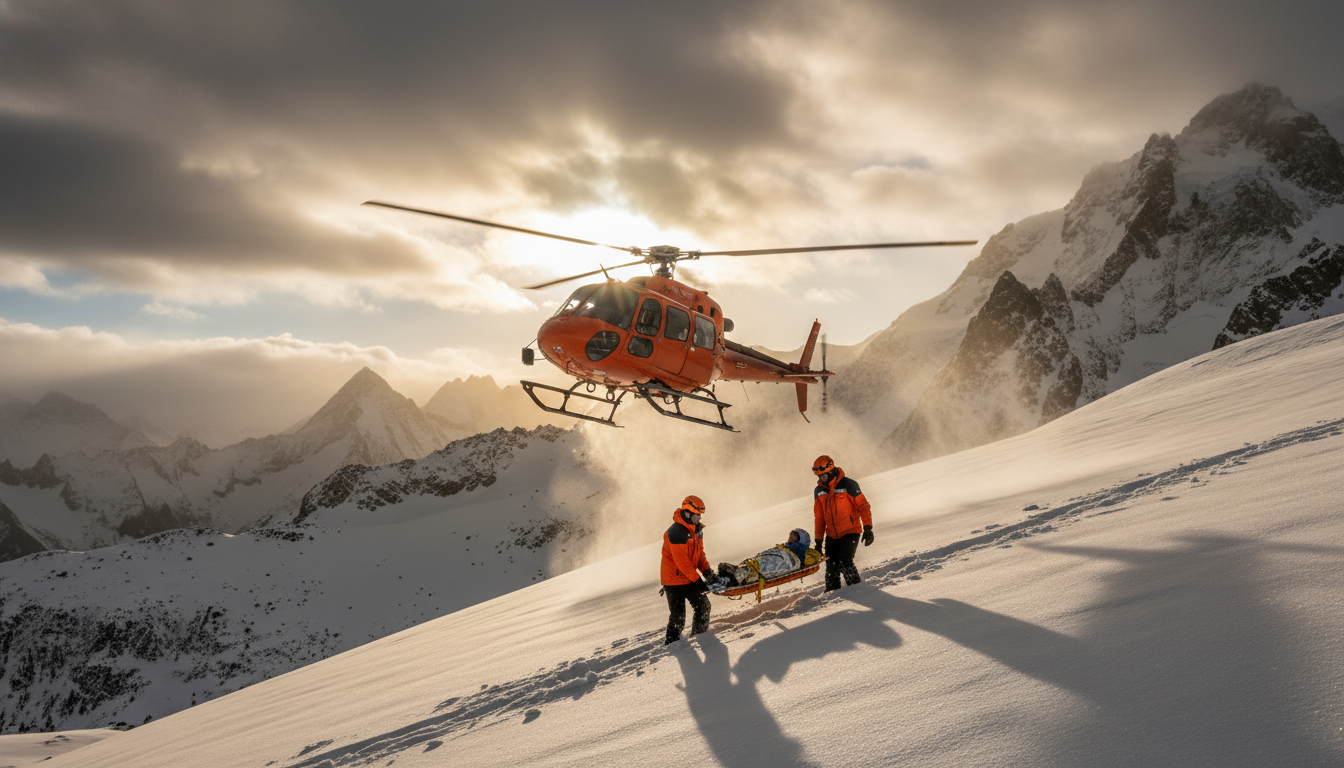 Rescue helicopter landing on a snowy mountain slope, a tourist being carried on a stretcher by two rescuers wearing bright orange jackets, dramatic sky, warm sunlight breaking through clouds, no text overlay, no English text, no visible words
