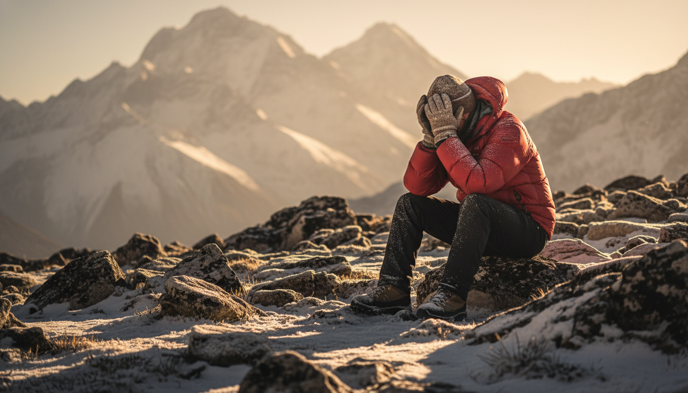 Tourist climber sitting exhausted on rocky Himalayan terrain, holding their head in pain, wearing a thick winter jacket, worried expression, blurred mountain peaks in background, warm amber light, no text overlay, no English text, no visible words