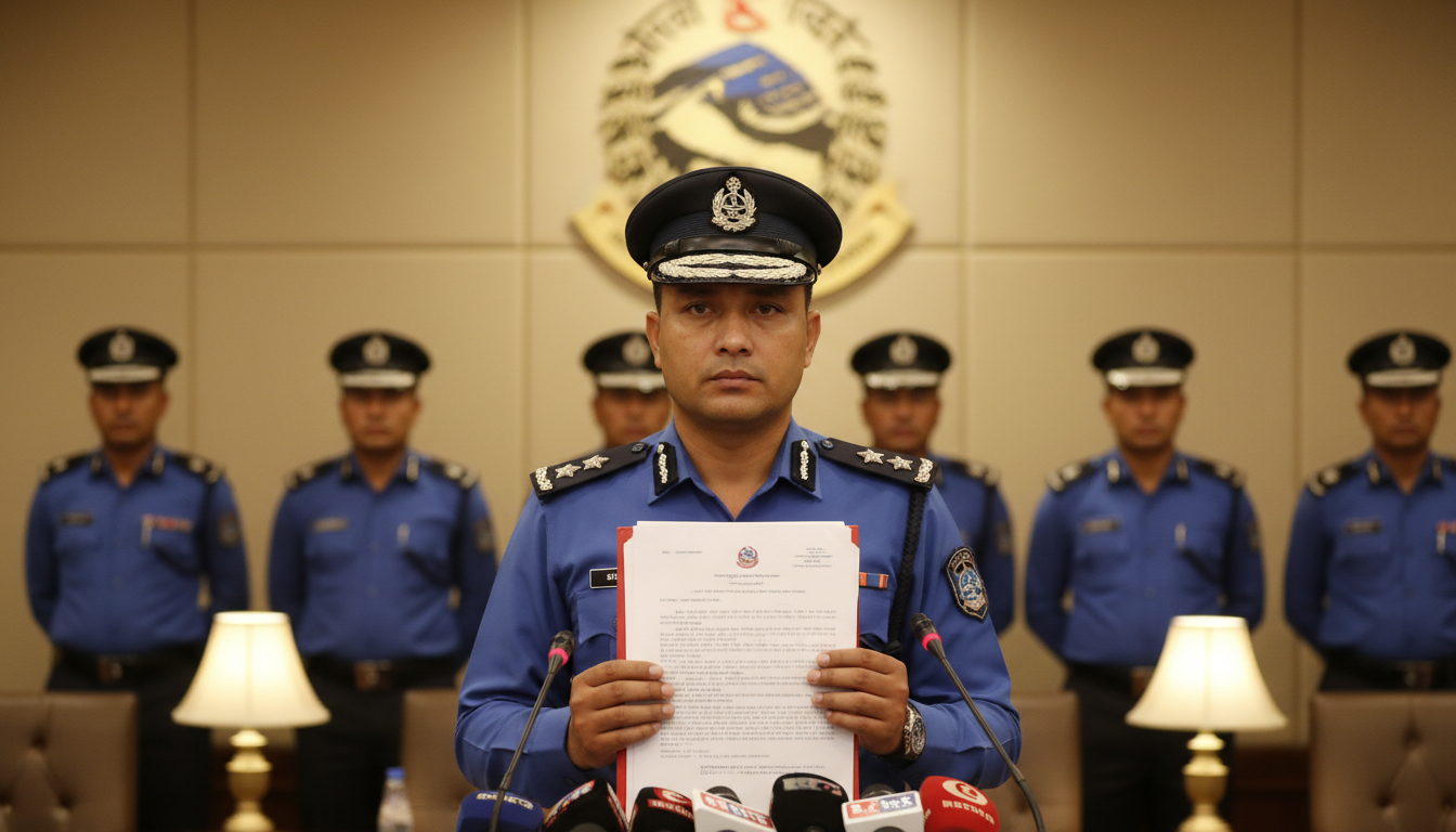 Nepali police officer in uniform holding official documents at a press conference, serious expression, indoor setting with warm lighting, other officers standing behind him slightly blurred, no text overlay, no English text, no visible words