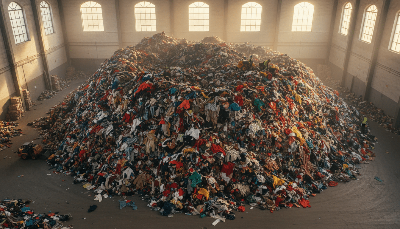 Montagne de vêtements jetés dans un entrepôt