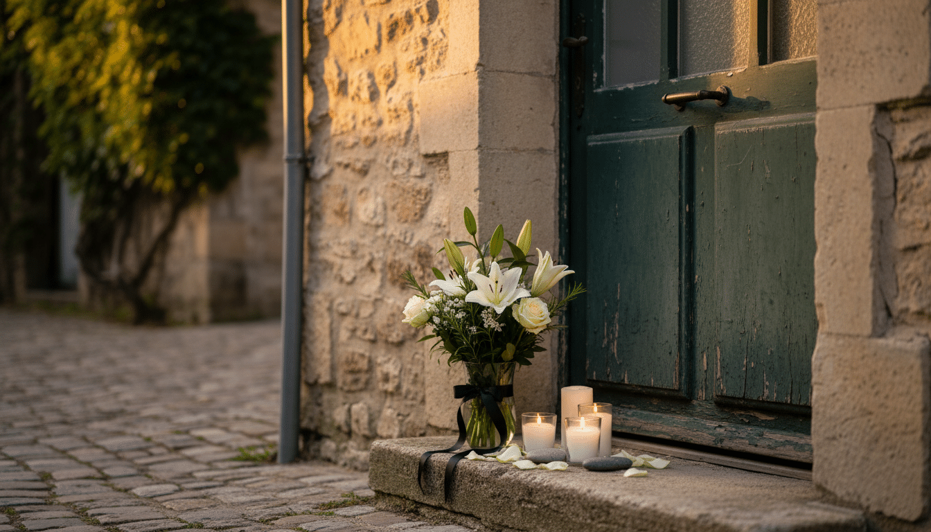 Hommage floral devant une maison après un féminicide