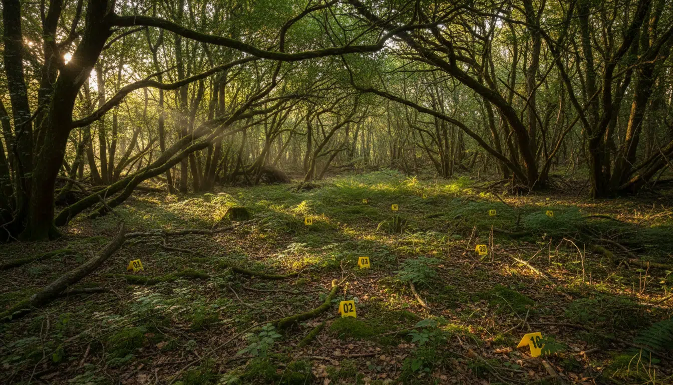 Sous-bois avec marqueurs de police près de Vivonne